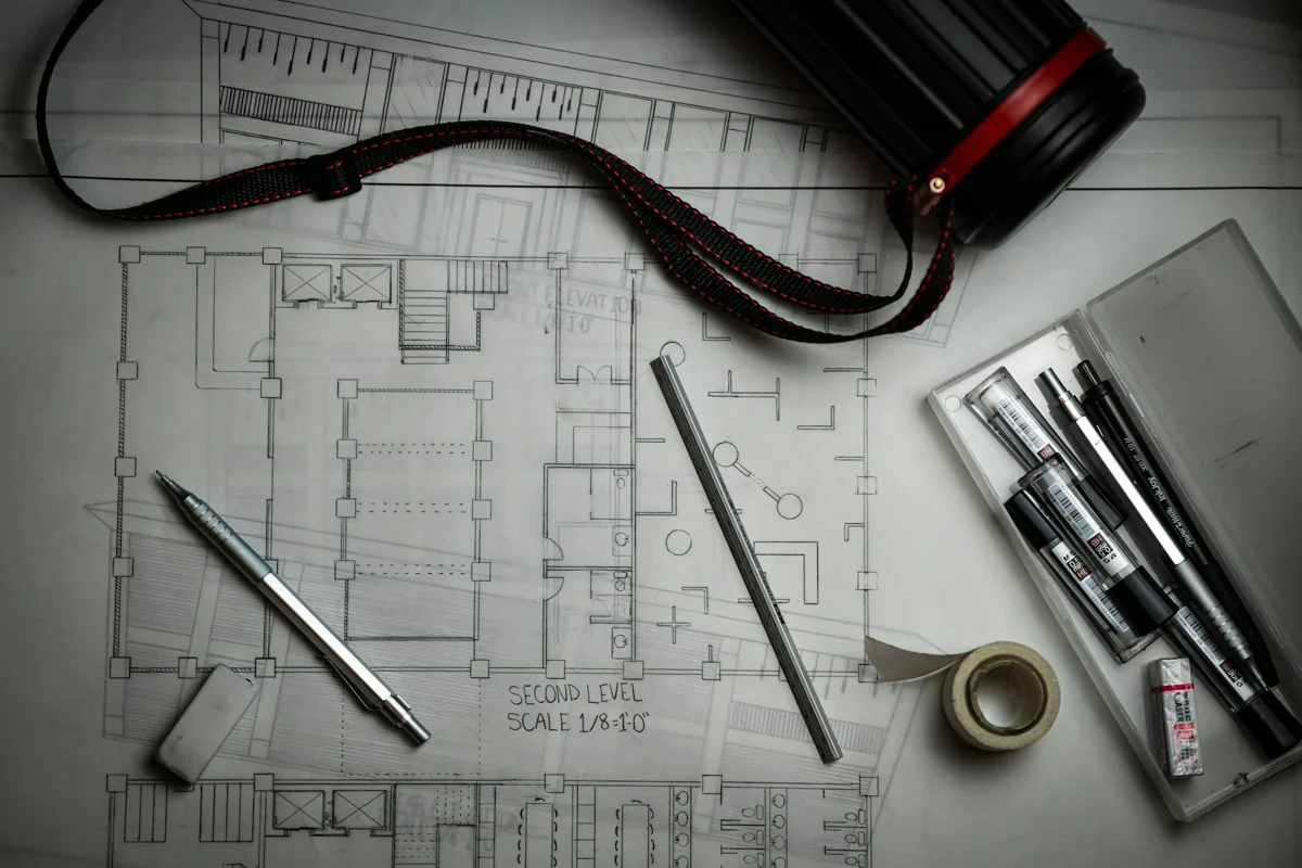 Architectural drawings with drafting pencils, a ruler and measuring tools