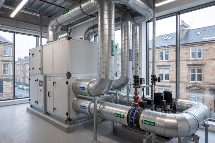 Ventilation plant and labelled ductwork in a plant room