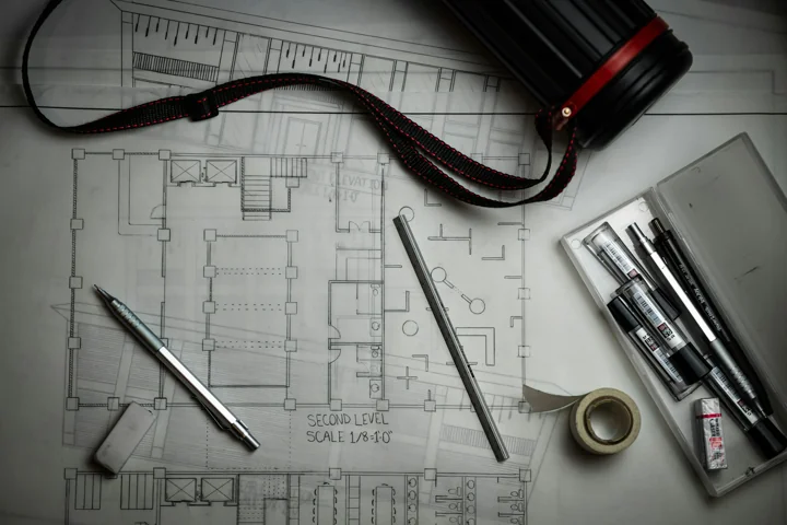 Architectural drawings with drafting pencils, a ruler and measuring tools