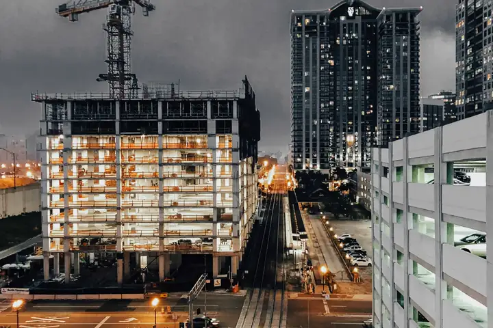 Large construction project illuminated at night