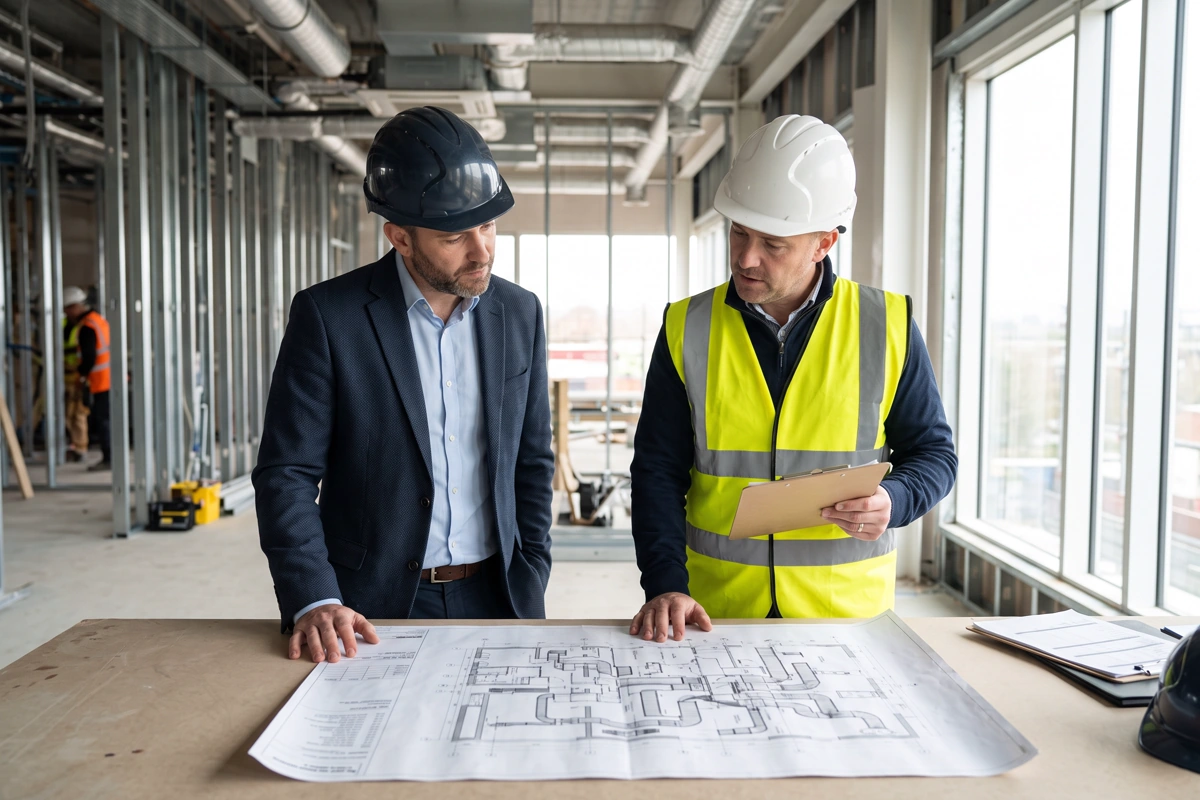 Site manager and contractor reviewing construction drawings on site