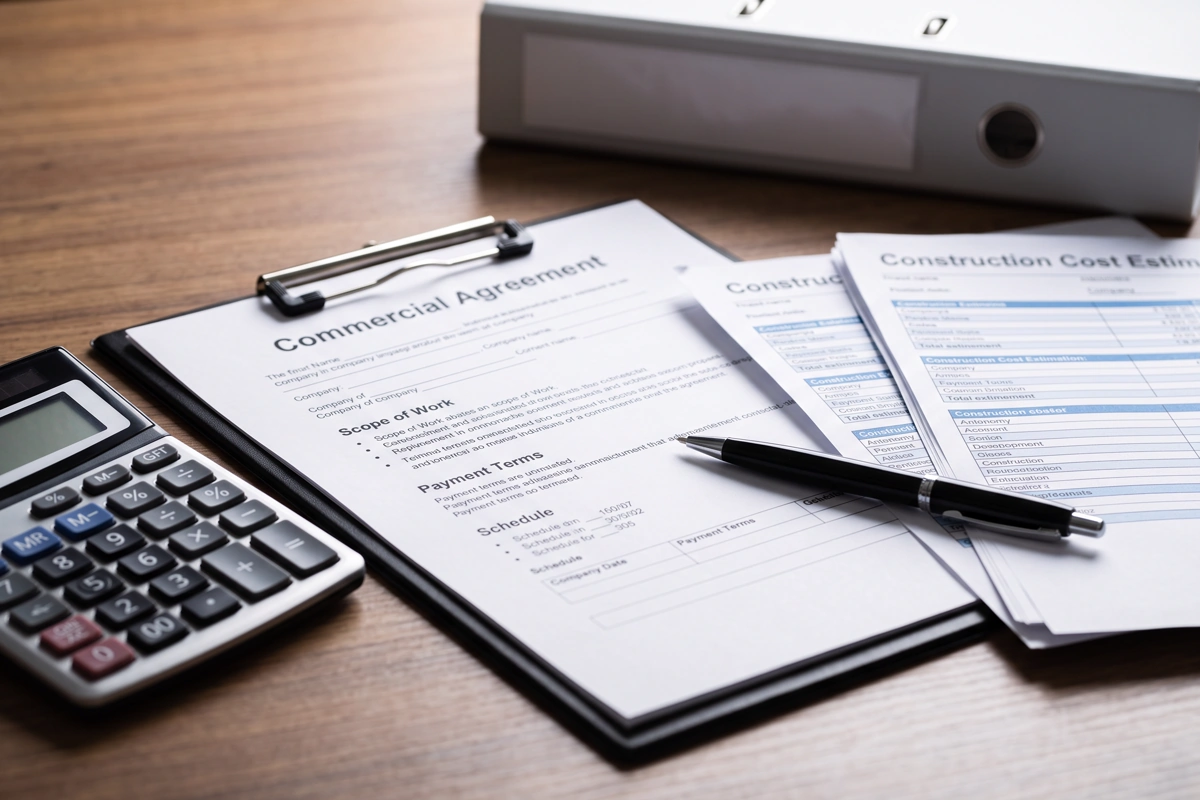 Commercial agreement, construction cost estimate, calculator and pen