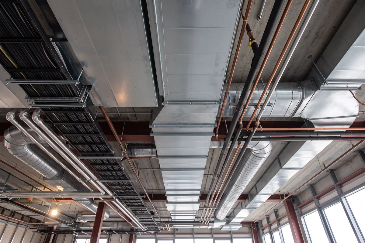 Ductwork, pipes and cable trays coordinated within a ceiling services zone