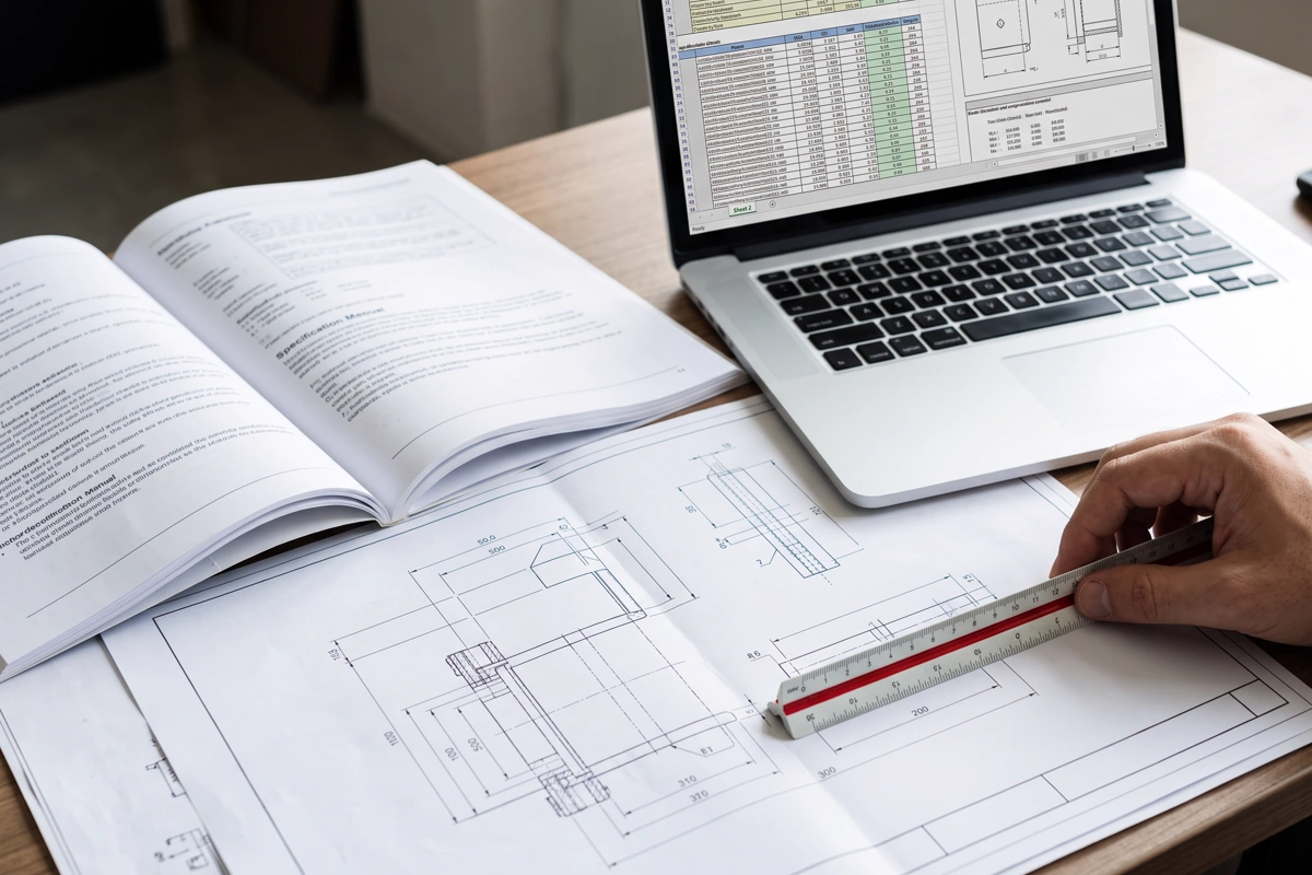 Technical drawings, specification and cost schedule beside a laptop