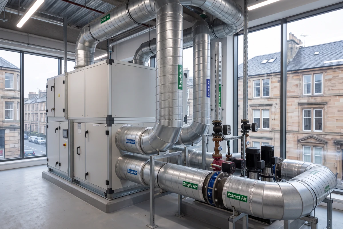 Air-handling unit and labelled ventilation ductwork in a Scottish plant room