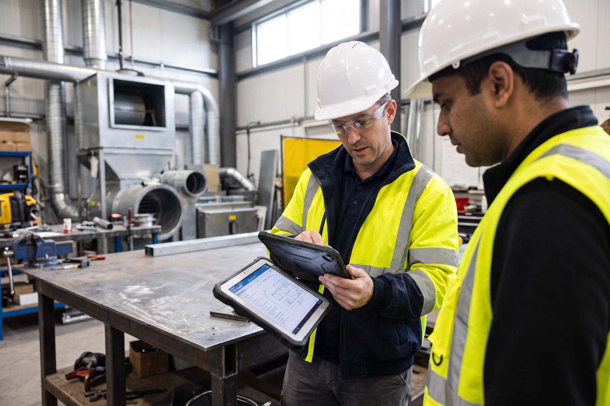Two ventilation professionals reviewing digital project information in a workshop
