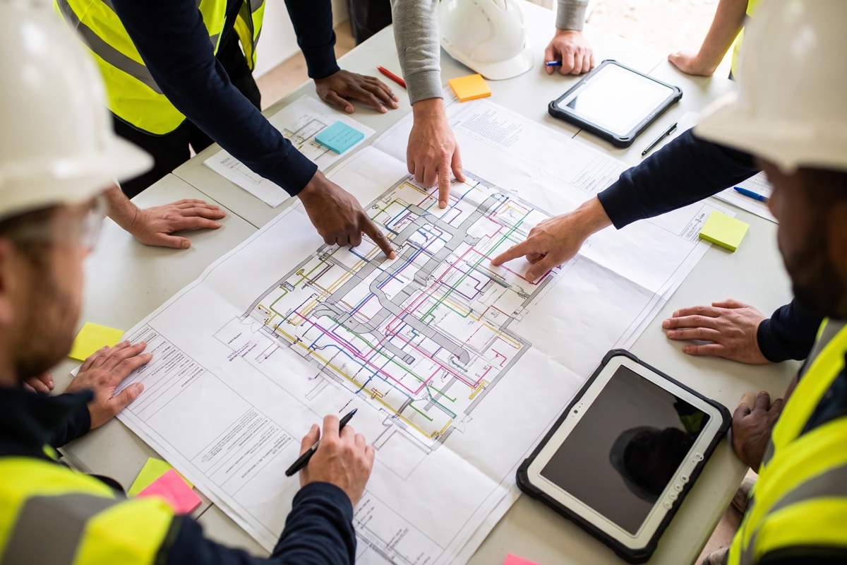 Project team reviewing a coordinated building-services drawing