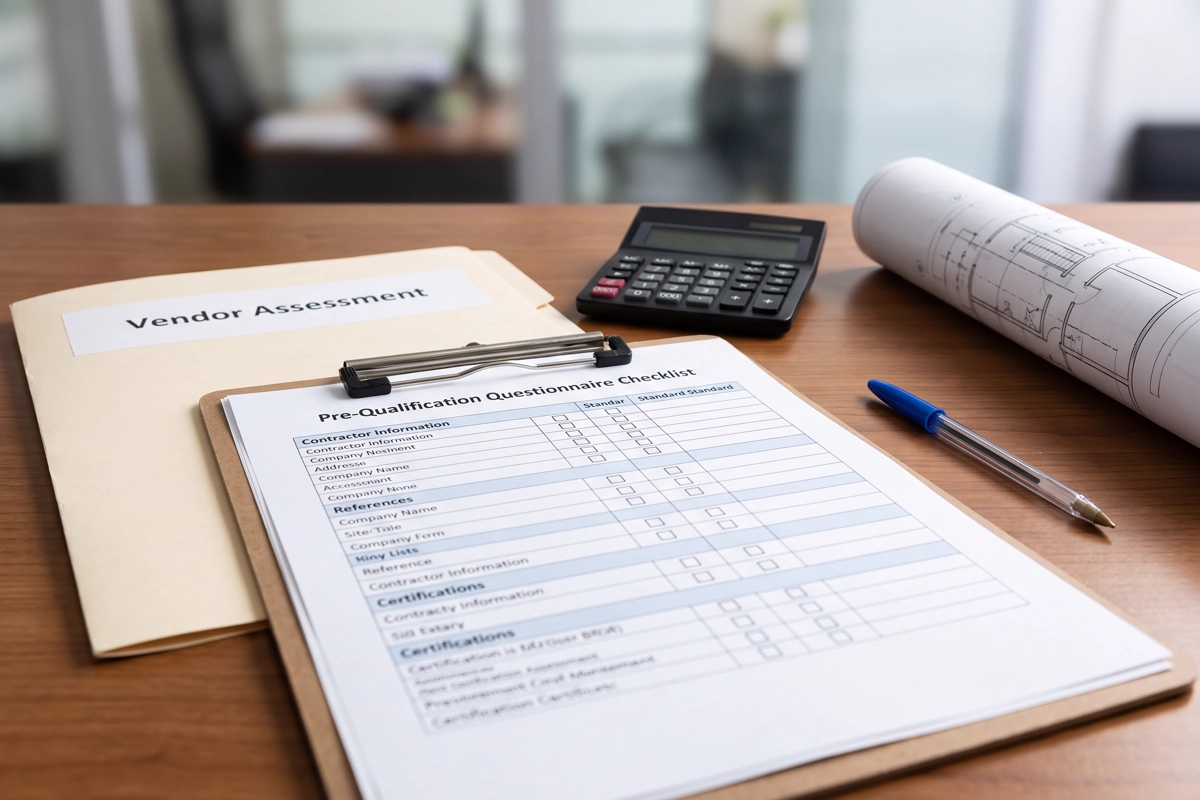 Contractor prequalification checklist, vendor folder, calculator and drawings