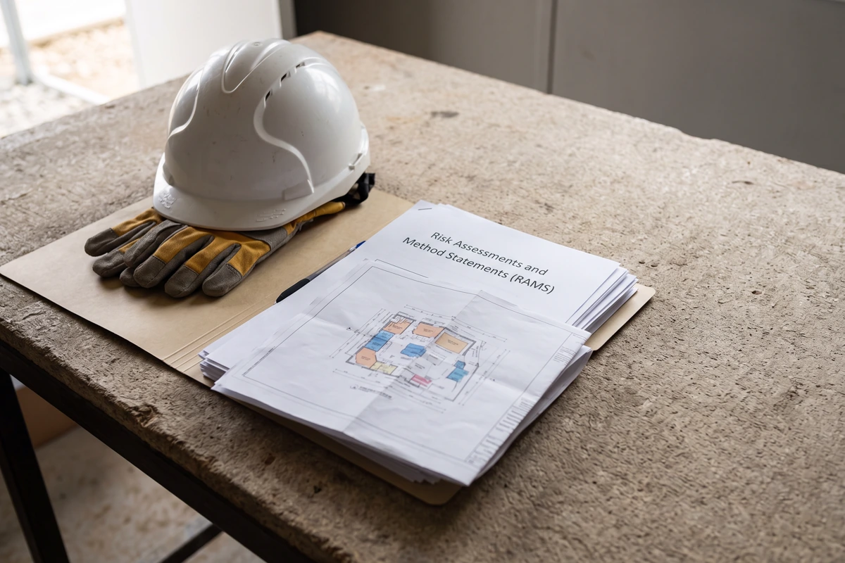Hard hat, protective gloves and RAMS documents on a construction work surface
